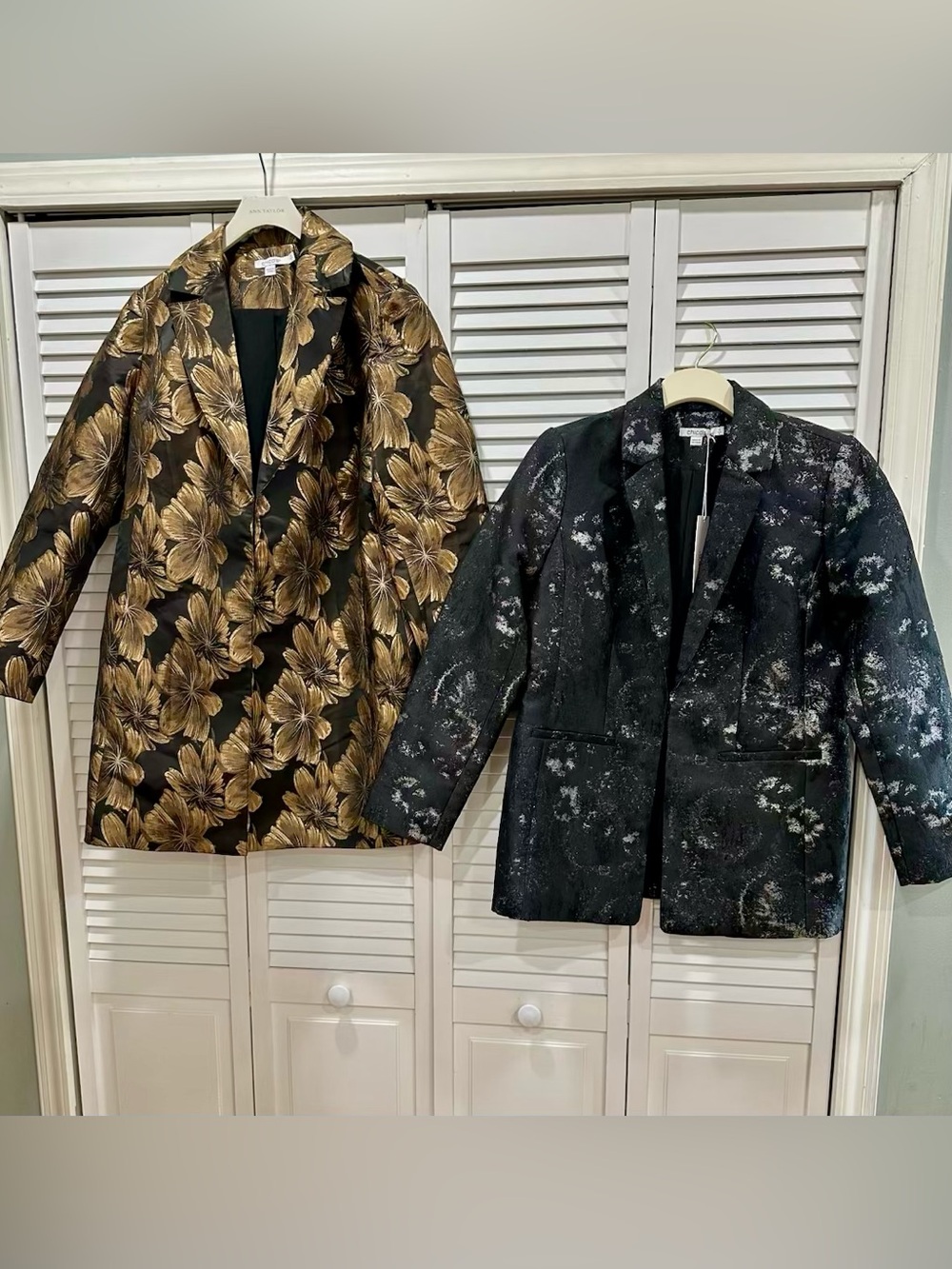 Lot of 2 Women’s Chico's Sz 0/ US 4 Black/Gold Floral Collared Open Jackets NWT